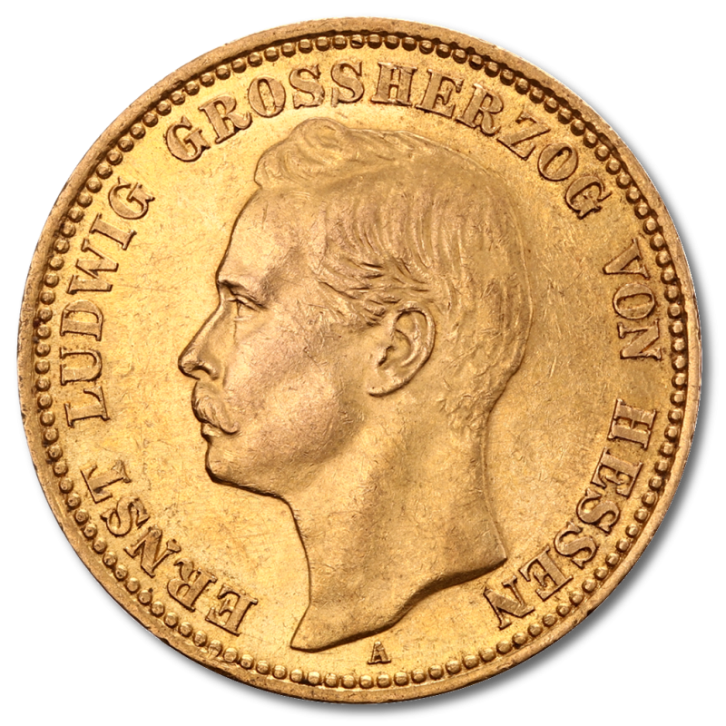 Grand Duke Ernst Ludwig, He1/ssia, 20 Mark, 7.16g Gold, 1890-1915(Front) Grand Duke Ernst Ludwig, He1/ssia, 20 Mark, 7.16g Gold, 1890-1915(Front)