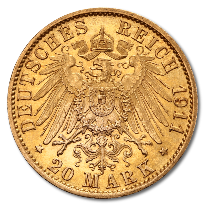 Grand Duke Ernst Ludwig, He1/ssia, 20 Mark, 7.16g Gold, 1890-1915(Back) Grand Duke Ernst Ludwig, He1/ssia, 20 Mark, 7.16g Gold, 1890-1915(Back)